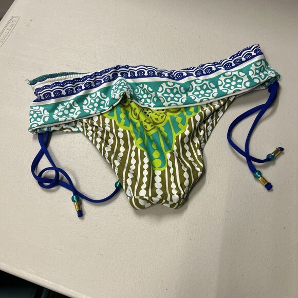Trina Turk Bikini Bottom Ruching Tassel Size 8 Green Wave Blue Multi Color - Picture 6 of 9